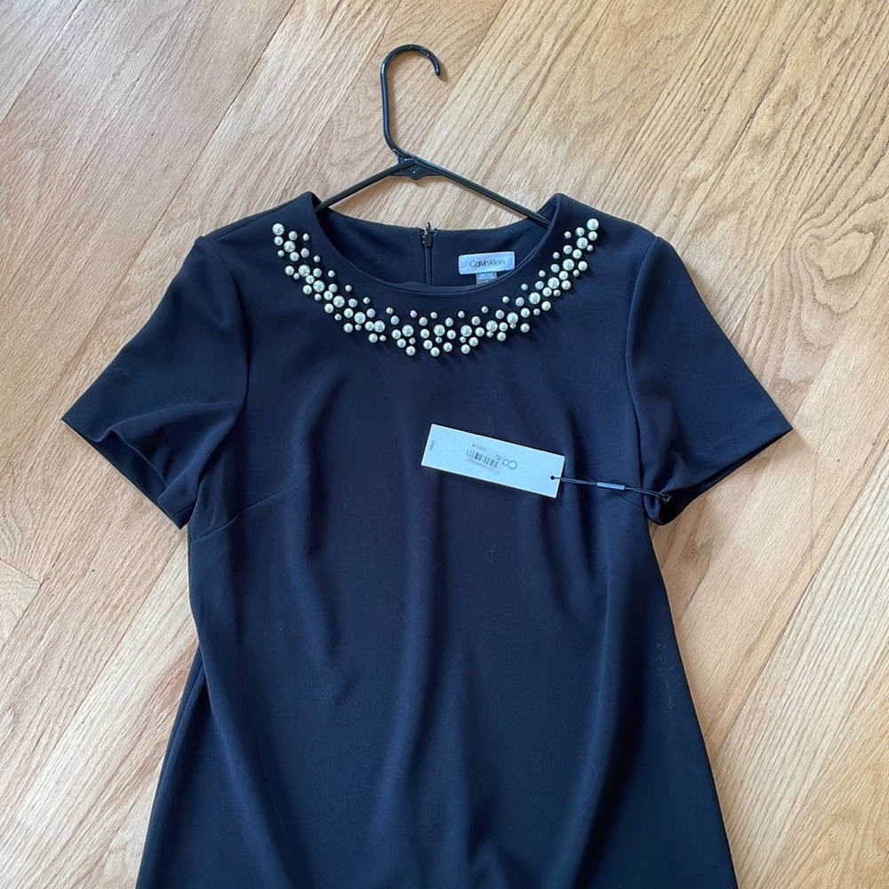 NWT Calvin Klein Sleek Black Dress with Pearls Accents
